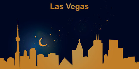 Minimalist vector illustration of Las Vegas skyline at night against a deep dark blue sky. At the top is a thin golden crescent moon with a soft glow, surrounded by several small stars.