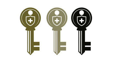 Three stylized keys with a medical cross symbol on a shield represent access to healthcare.