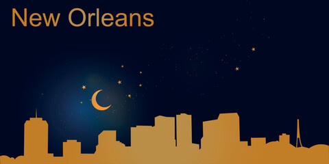 A minimalist vector illustration of the nighttime silhouette of New Orleans against a deep dark blue sky. At the top is a thin golden crescent moon with a soft glow, surrounded by several small stars.