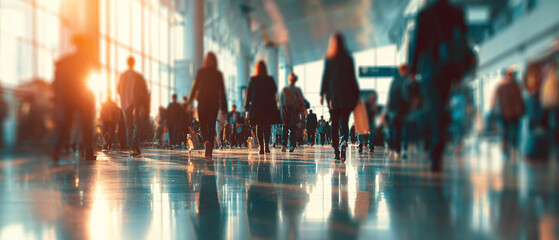 Blurred image of crowded airport with many travelers. Ai generate.