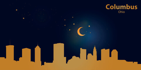 Minimalist vector illustration of Columbus' nighttime silhouette against a deep dark blue sky. At the top is a thin golden crescent moon with a soft glow, surrounded by several small stars.