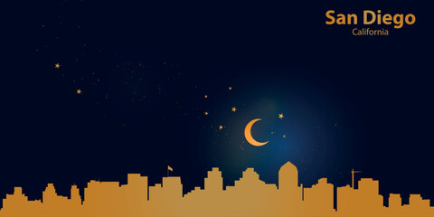 Minimalist vector illustration of San Diego's nighttime skyline against a deep dark blue sky. At the top is a thin golden crescent moon with a soft glow, surrounded by several small stars.