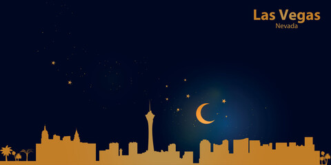 Minimalist vector illustration of Las Vegas skyline at night against a deep dark blue sky. At the top is a thin golden crescent moon with a soft glow, surrounded by several small stars.