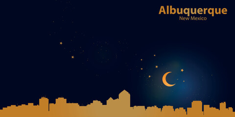 A minimalist vector illustration of Albuquerque's nighttime skyline against a deep dark blue sky. At the top is a thin golden crescent moon with a soft glow, surrounded by several small stars.