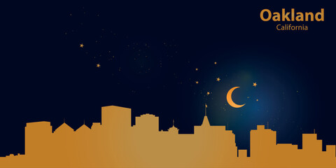 A minimalist vector illustration of Auckland's nighttime skyline against a deep dark blue sky. At the top is a thin golden crescent moon with a soft glow, surrounded by several small stars.