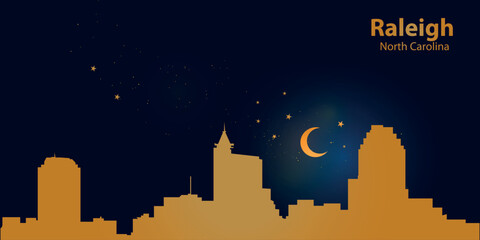 Minimalist vector illustration of a nighttime silhouette of Raleigh against a deep dark blue sky. At the top is a thin golden crescent moon with a soft glow, surrounded by several small stars.