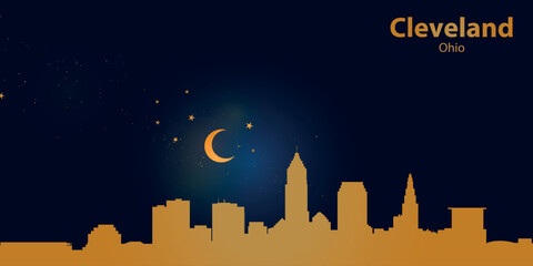 Stylized minimalist vector illustration of Cleveland's nighttime skyline against a deep dark blue sky. At the top is a thin golden crescent moon surrounded by several small stars with a soft glow.
