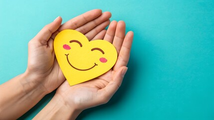 Hands holding a yellow heart with a smiley face