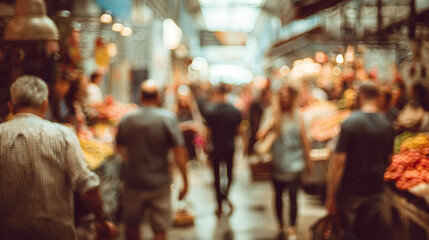 Blurred image of people bustling around a fresh market with a wide variety of fresh produce. Ai generate.