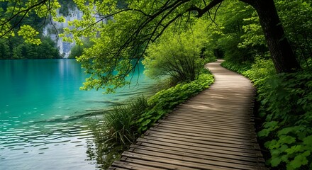 Scenic Wooden Pathway by Turquoise Lake in Forest