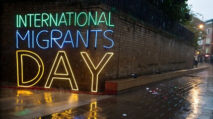 International migrants day neon sign at night
