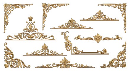 Collection of ornate golden baroque architectural elements and decorative frames