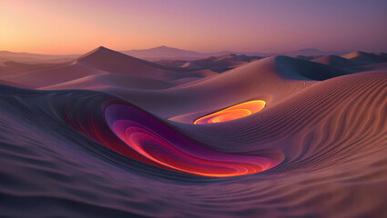 Surreal Desert Portal: Abstract sand dunes at sunset with a glowing magenta and orange liquid vortex. Ethereal, sci-fi, and mysterious landscape