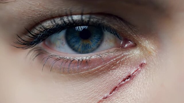 Close up shot of a woman's eye with a recent bloody wound just beneath it. The woman's eyes reveal a mix of sorrow and anguish, suggesting she has endured mistreatment