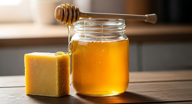 A jar of golden liquid honey with a wooden dipper, flowing onto a piece of cheese on a wooden surface