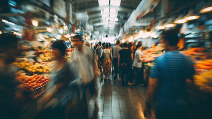 Blurred image of people bustling around a fresh market with a wide variety of fresh produce. Ai generate.