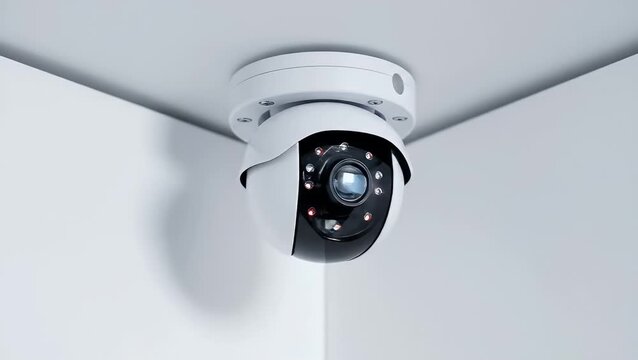 A modern white dome security camera mounted in a ceiling corner for surveillance