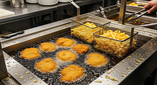 A kitchen scene showcases a deep fryer filled with bubbling oil. Foods, including golden-brown patties and fries, cook inside. A person's hand with tongs is visible