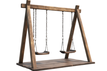 Outdoor swing set made of wood with two seats for children, perfect for playgrounds or backyard fun in sunny weather