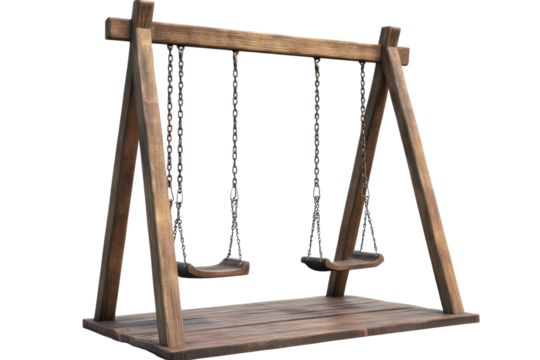 Outdoor swing set made of wood with two seats for children, perfect for playgrounds or backyard fun in sunny weather