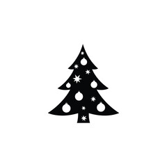 A stylized black Christmas tree silhouette adorned with stars and circular ornaments, isolated on a white background.