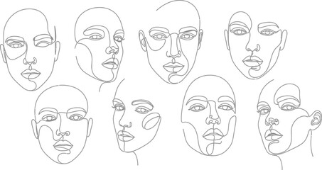 A collection of minimalist line art portraits depicts diverse human faces in a continuous line style.
