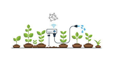 Automated irrigation system monitors plant growth with smart technology and water delivery.