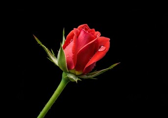 A beautiful, fresh rosebud with a glistening water drop, symbolizing purity, growth, and natural beauty in soft light ,water drop ,flower ,close up