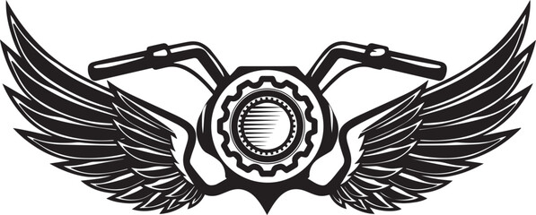 Obraz premium Motorcycle Wings Emblem: A detailed, monochrome emblem showcases a motorcycle handlebar and gear, accented by majestic wings, embodying the spirit of freedom and adventure.