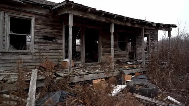 Abandoned in the countryside is an eerie and decrepit wooden farmhouse. The aged structure is in disrepair, with shattered windows and scattered debris