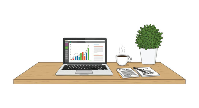 A laptop displaying a financial chart sits on a desk next to a coffee cup and notepad. - Powered by Adobe