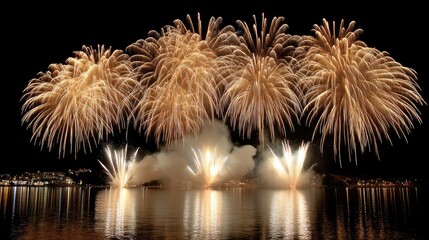 Bright and vibrant fireworks burst in the night sky, creating a dazzling display of colors and patterns that enchant the viewers