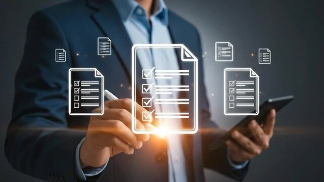 Businessman interacting with digital documents and checklists on a virtual interface