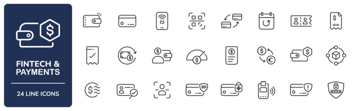 Fintech & Payments Line Icon Set with Editable Stroke. Collection of digital wallet, credit card, KYC, 2FA, chargeback, blockchain, crypto wallet, POS terminal, and banking security symbols.