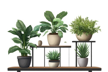 Beautiful plant stand with various types of greenery in decorative pots arranged on a minimalist shelf against a transparent background