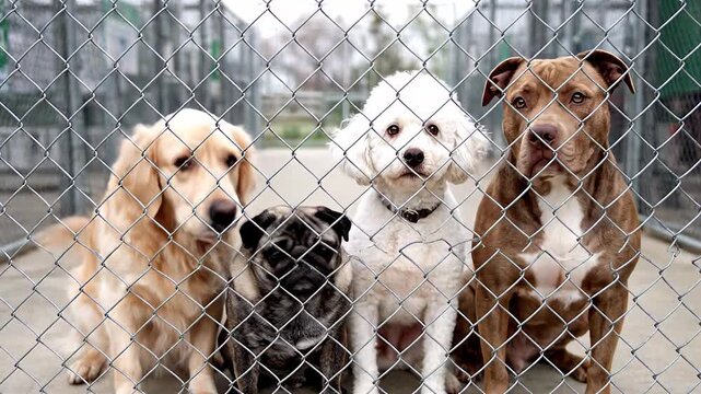 Four adorable stray dogs, each a unique breed, patiently sitting by a chain link fence. These hopeful companions are eagerly awaiting adoption in a shelter, excitedly anticipating a new loving home