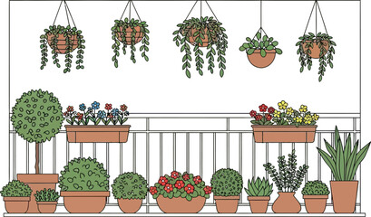 A balcony filled with various potted plants and flowers in terracotta pots.