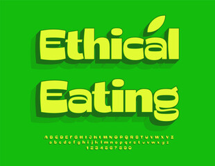 Vector Healthy flyer Ethical Food. Bright Trendy Font. Stylish 3D Alphabet Letters and Numbers set.