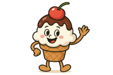 Ice cream character waving hand, smiling cute cartoon dessert with waffle cone, chocolate topping and cherry on transparent background