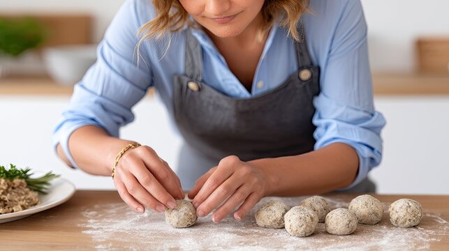 A skilled cheese maker shapes and examines handcrafted cheese rounds, showcasing dedication to quality in a bright workshop