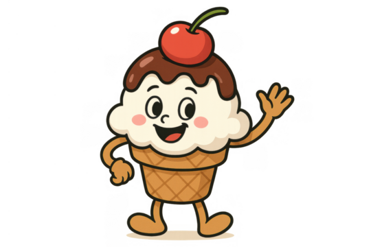 Ice cream character waving hand, smiling cute cartoon dessert with waffle cone, chocolate topping and cherry on transparent background