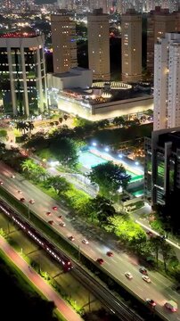 Night Marginal Pinheiros At Sao Paulo Brazil. Powerful Landscape Of The Vehicles In A Famous Road . Building Town Sky Illuminated Urban. Town Outside Illuminated . Sao Paulo Brazil.