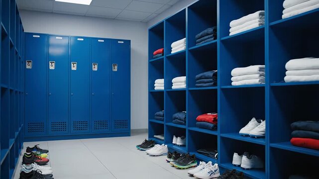 Neat and well maintained athlete locker room with organized shelves displaying neatly folded uniforms, towels, and cleats for the players