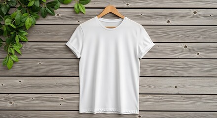 A crisp white tshirt hangs on a wooden hanger against a weathered wooden plank background, with green leaves adding a natural touch