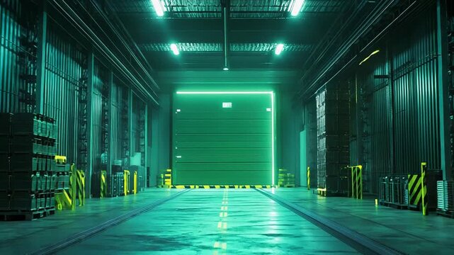 Sci fi industrial warehouse interior with neon green lighting