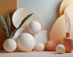 Minimal geometric 3D composition with soft clay textures and natural tones