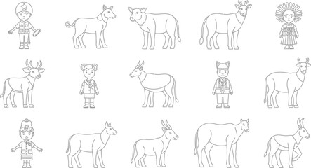 A collection of simple line drawings of animals and people.
