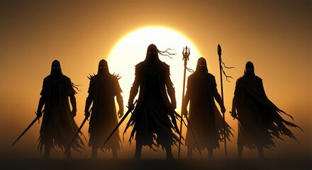 Five mysterious warrior figures stand in silhouette against a bright golden sun. Their flowing robes and weapons create a dramatic scene. Perfect for fantasy storytelling or game design.