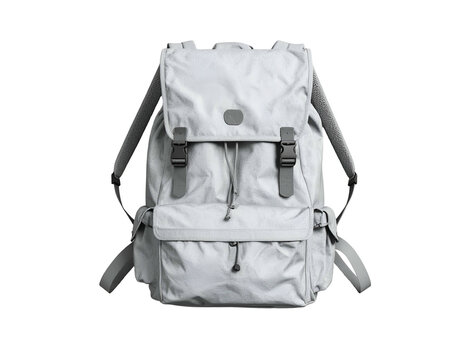 A light grey, modern backpack with buckled flap closure - Powered by Adobe