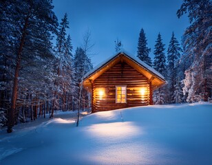 cozy log cabin in a snowy forest at night with glowing lights